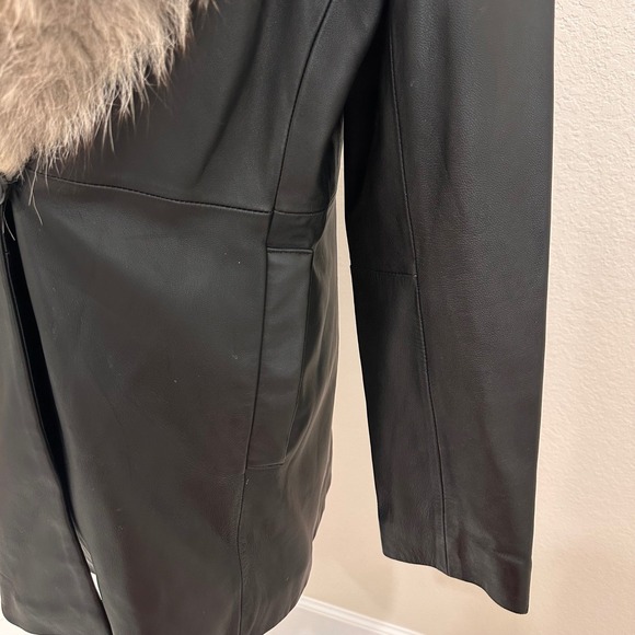 Vintage Marvin Richards Black Coat Fox Fur Collar Leather Jacket Hip Length M - Picture 3 of 12